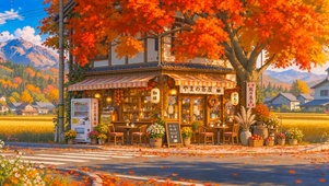 唯美落叶路边小店