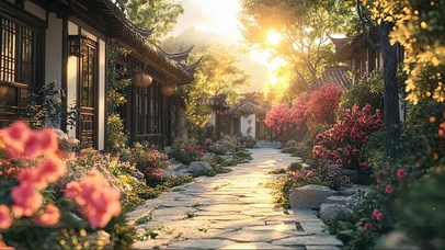 夏日夕阳古风庭院花园