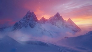 粉色朝霞雪原雪山