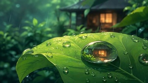 雨天绿意林间小屋