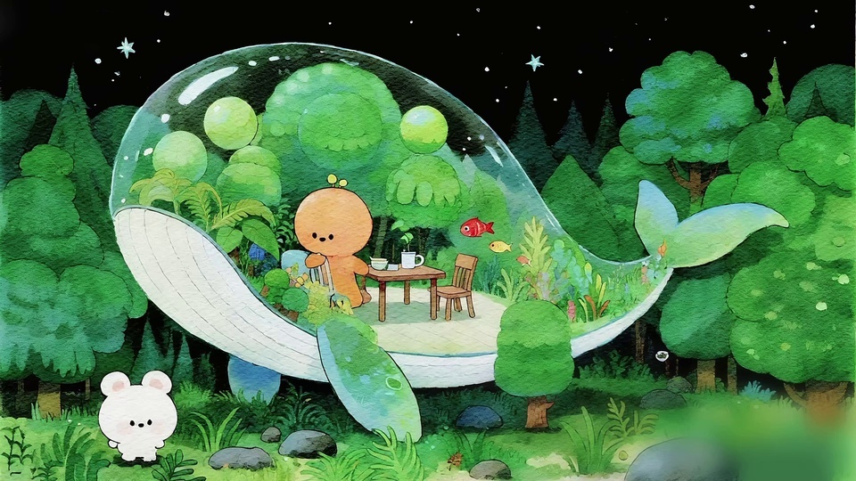 水彩手绘风透明玻璃鲸鱼小屋坐落林间，橙圆头角色在舱内桌边休憩，地面站着白色小熊。