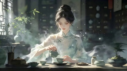 倒茶的国风水墨旗袍少女