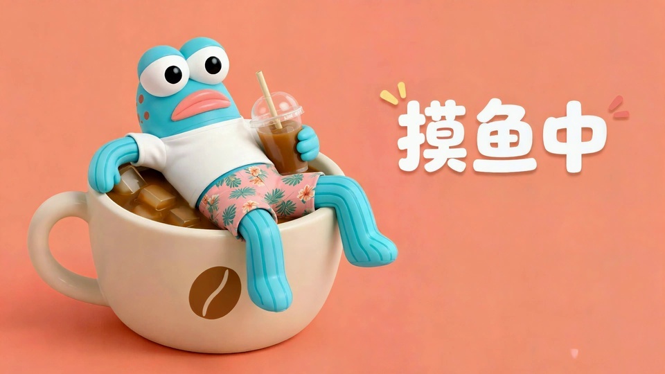 蓝色卡通鱼形形象泡在米色咖啡杯里手持冰饮，旁侧标注摸鱼中文字