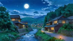 山间月下村落