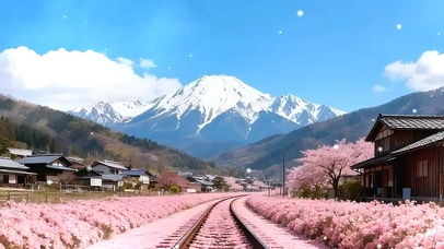 雪山樱花树木房屋双屏