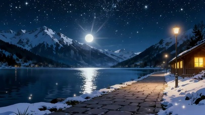 雪山湖畔小镇夜景