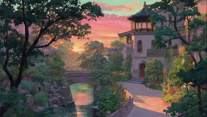 唯美夏日黄昏溪流古城