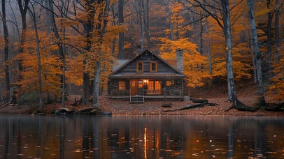 静谧枫林湖畔木屋倒影