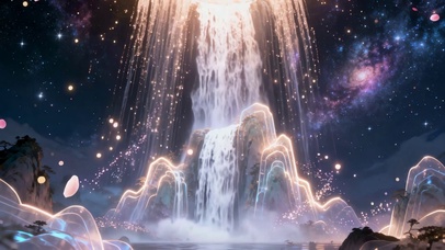 流光织就星河垂瀑的仙山秘境瀑布