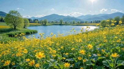 晴日湖畔黄花郊野风光