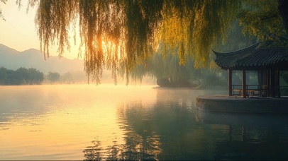 晨雾日出园林湖畔古亭