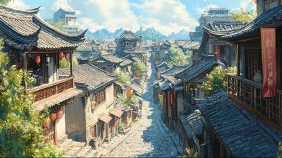 蓝天夏日阳光古城街景