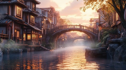 古镇拱桥水乡朦胧建筑