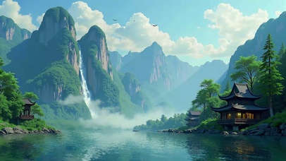古风仙境山水瀑布