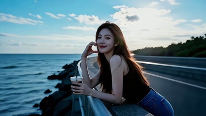 霞光下海边公路喝咖啡的美女