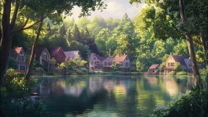 夏日森林湖中小镇建筑