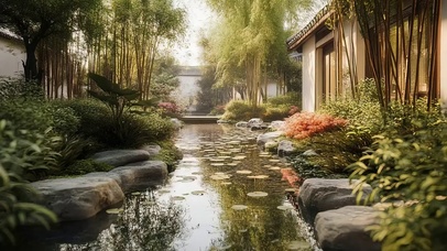 绿色溪流庭院竹林夏日