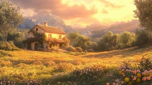 静谧山谷鲜花小屋