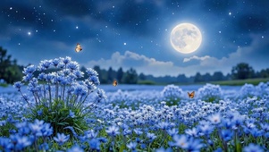 满月下的蓝色花田