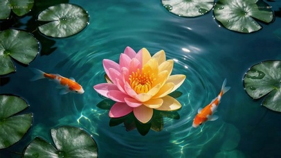 双锦鲤伴双色莲