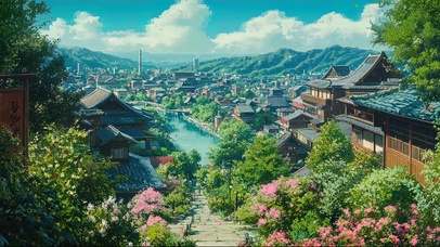 俯瞰夏日日式小镇