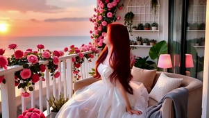 霞光映照玫瑰阳台婚纱美女