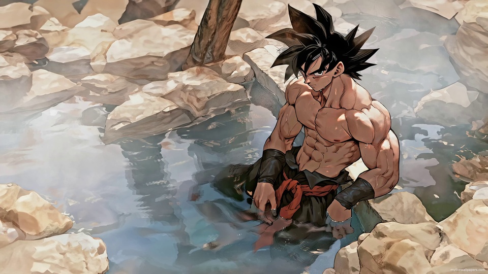 健壮动漫男性半身泡在氤氲泉水里，四周是浅色嶙峋岩石