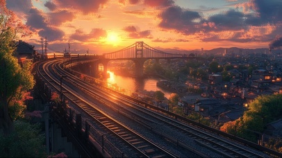 静谧城市落日铁轨风景