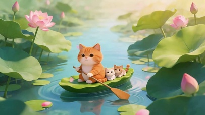 池塘划水的小猫