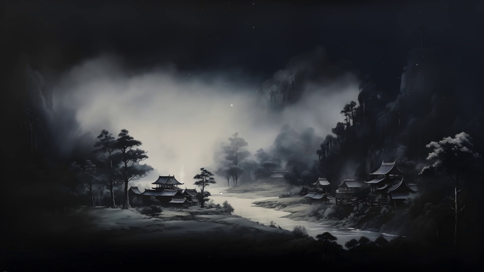 深黑灰基底的夜色山水画面，沿河岸分布的中式古建群被弥漫的灰白色山雾环绕，周边是朦胧的深色山林。