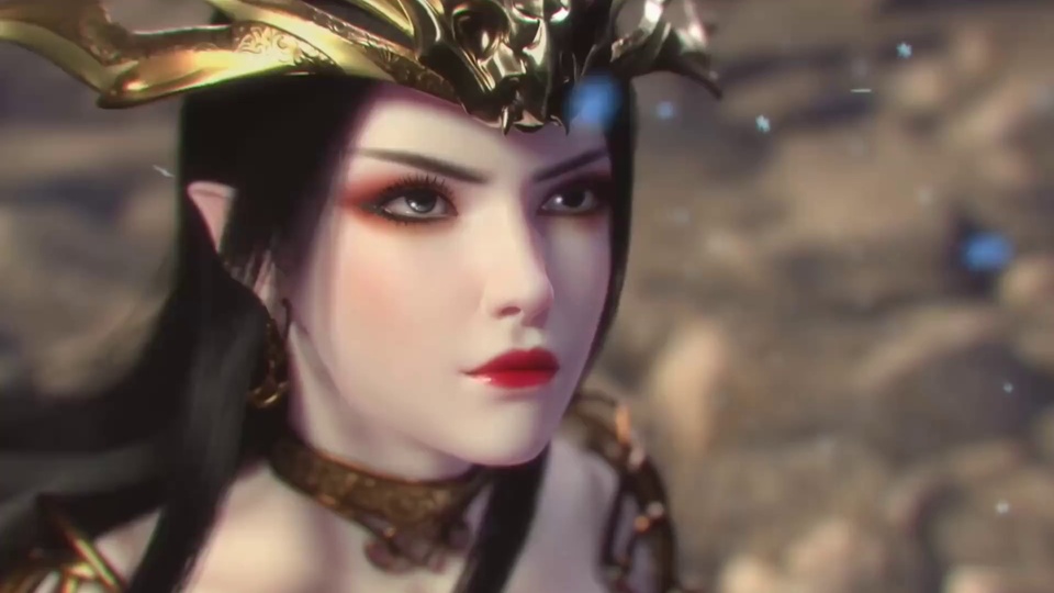 佩戴金色头饰项圈的尖耳暗黑魔幻女性近景特写