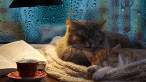窗外雨屏惬意小猫