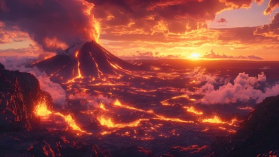 俯瞰落日云雾火山风光