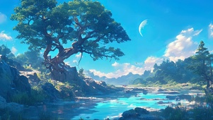 圆月山林溪流