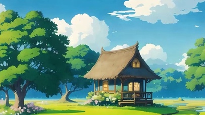 蓝天白云树木荷花景色带鱼屏