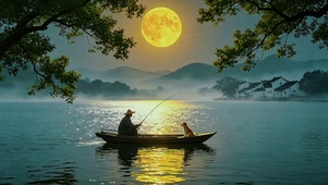 月夜江南，扁舟垂钓