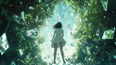 绿色森林破碎玻璃少女