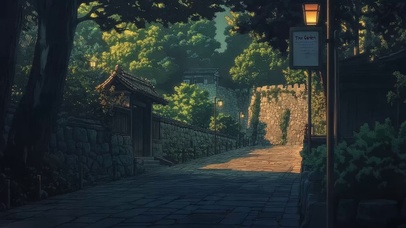 傍晚静谧树林古城街道