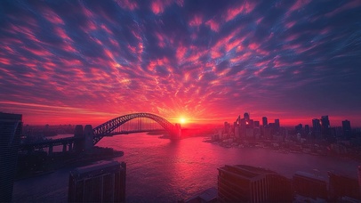 粉色朝霞城市海岸