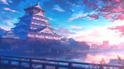 城市河畔古风宫殿