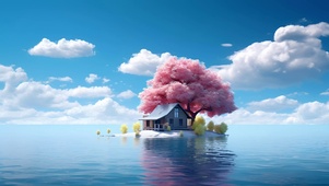 唯美的湖心樱花树小屋