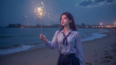 浪漫海滩烟花美女