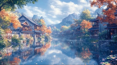 秋日水乡古城池塘倒影