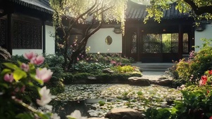 春日荷花池塘庭院风景