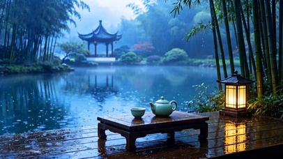 国风园林湖边雨景