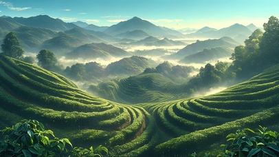 云雾群峰连绵绿色茶园