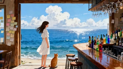 海景女孩与猫咪