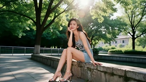 公园人工湖堤旁的甜美笑容美女