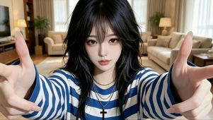客厅做手势的可爱美女