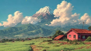 清新绿色草原乡村小屋